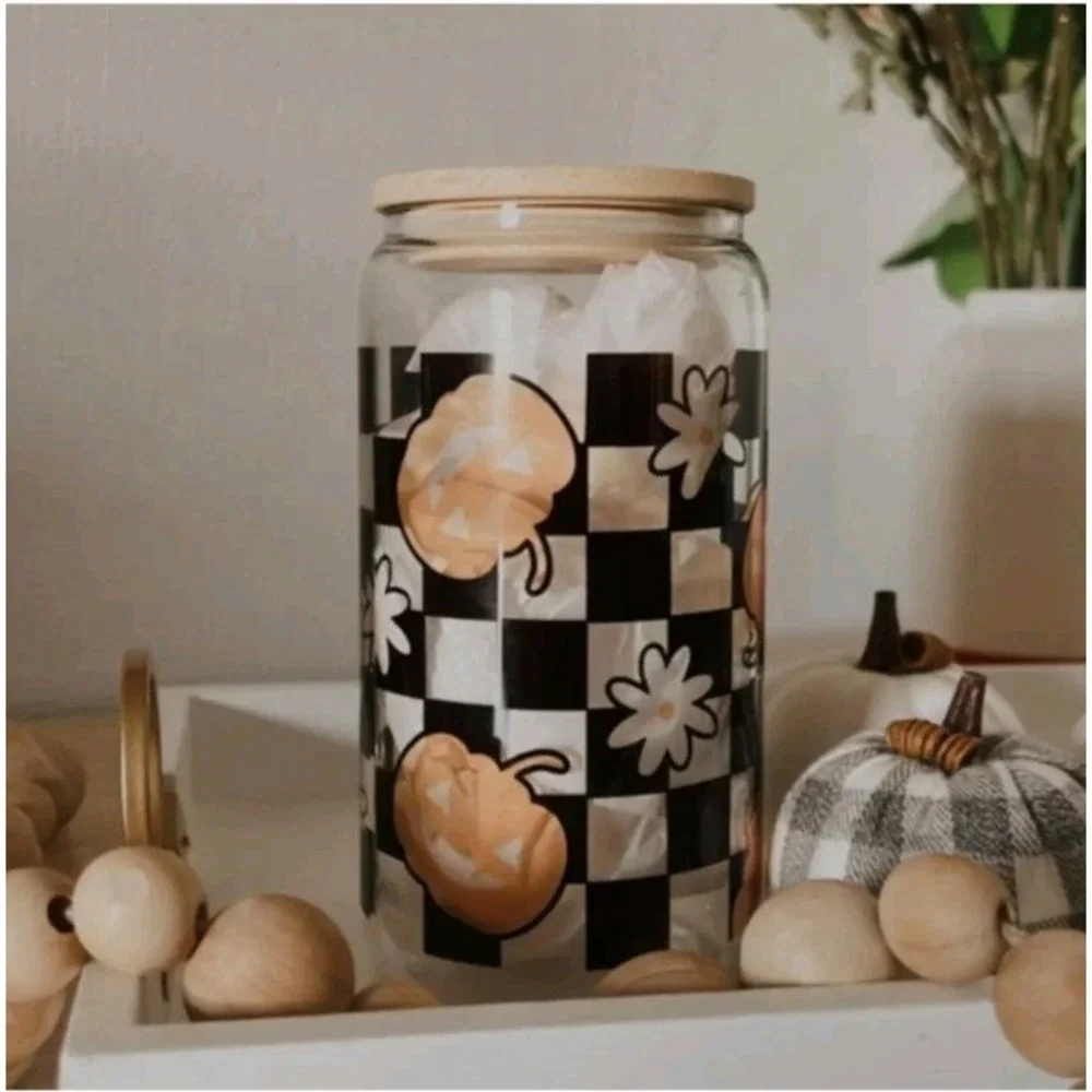 Beer Can Glass Halloween Checkered‎ Pumpkin Glass 16 Oz With Bamboo Lid NWT